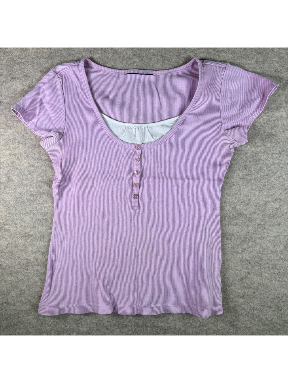 Lilac Ribbed Short Sleeve Henley Top with White Underlayer
